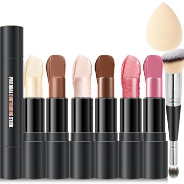 Imagem de Kit de maquiagem em bastão de contorno creme de 6 cores, tons com iluminador, blush e bastão de contorno de bronzeador de duas pontas para esculpir as bochechas, de longa duração, à prova d'água