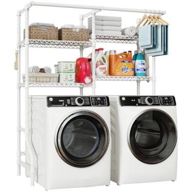 Imagem de ULIFHOME U14 Prateleiras de armazenamento para lavadora e secadora, sistema organizador e armazenamento de lavanderia de 4 níveis, rack de secagem de roupas com economia de espaço com 2 varões de
