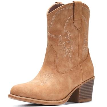 Imagem de IXU Botas femininas caubói, cano baixo, cowgirl, botas ocidentais, cano médio, bico fino, curto, grosso, clássico, cinza camelo EUA 6-10,5, Camelo, 37