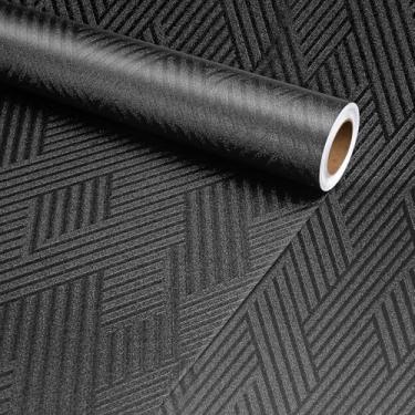 Imagem de Decotalk Papel de parede texturizado preto papel de parede texturizado para quarto papel de parede geométrico 43 x 300 cm papel de contato de vinil geométrico para armários e gavetas