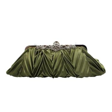 Imagem de Tngan Bolsa feminina plissada de cetim clutch para noiva elegante bolsa noturna de strass para festa de banquete, verde-militar a
