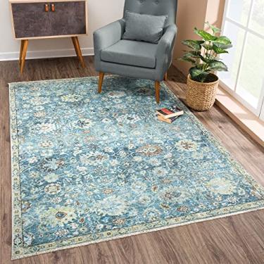 Imagem de Bloom Rugs Tapete lavável antiderrapante 2x3 - Tapete de área oriental tradicional azul/bege para sala de estar, quarto, sala de jantar e cozinha - Tamanho exato: 5 x 7 cm