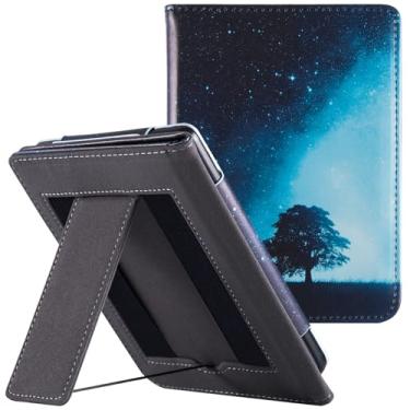 Imagem de BOZHUORUI Capa com suporte para leitor eletrônico Kobo Cor/Cor BW/Clara 2E de 15 cm – Capa de couro PU premium com duas alças de mão/hibernar/despertar automático (céu estrelado)