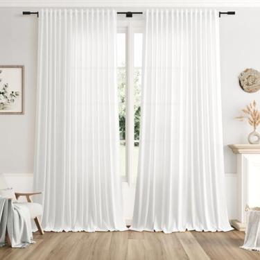 Imagem de Cortinas de linho extra largas de 257 x 236 cm para divisória de sala de estar, cortinas semitransparentes, para porta deslizante, branco, decoração costeira, painel de cortina do chão ao teto, janela
