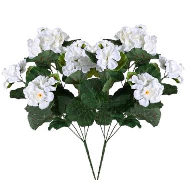 Imagem de 2 peças de plantas realistas ao ar livre, gerânios artificiais para ambientes externos, baixa manutenção, decoração de primavera, centros de mesa decorativos para festas de casamento