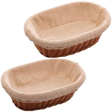 Imagem de Kit 2 Cestas Porta Pão 27x20cm e 24x17cm Oval Rattan Plástico Forro Tecido Cesto Lyor