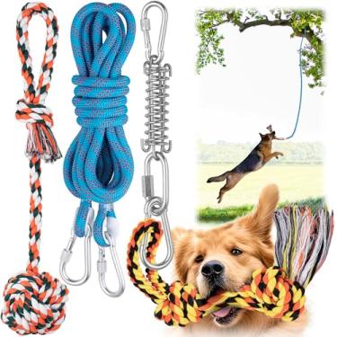 Imagem de Yes4Quality Brinquedo de pendurar elástico para cães ao ar livre, corda de brinquedo interativa azul com kit de mola de metal e 2 brinquedos de corda, equipamento de exercício pesado para cães de médio e grande porte, brinquedos para cães Tether Tug of War