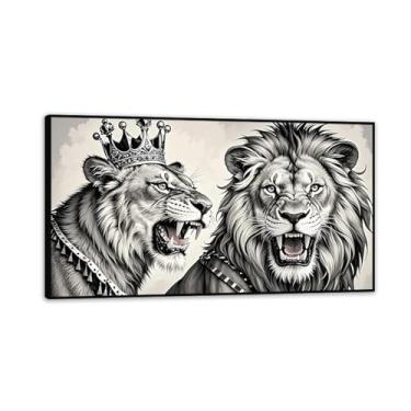 Imagem de Arte de parede em tela preta e branca Rei Leão e Leoa Coroa Rei animal arte para sala de estar decoração de escritório 90 x 50 cm (35 x 20 pol) moldura preta