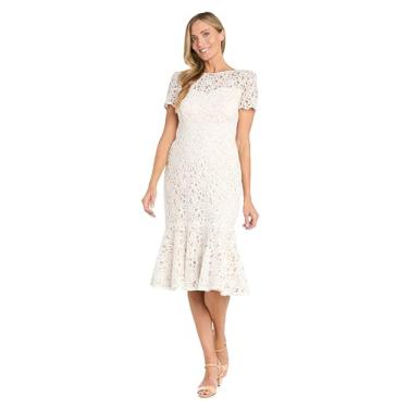 Imagem de R&M Richards Elegante vestido de crochê na altura do chá com bainha e decote ilusão, Marfim/Nude, 42