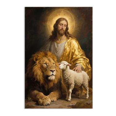 Imagem de SDYJ6GSW Arte de parede em tela Jesus e leão imagens cristãs decoração de parede impressão de leão e cordeiro arte para igreja sala de estar quarto 45 x 30 cm (18 x 12 pol) pôster