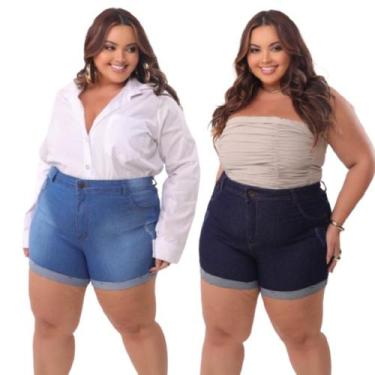 Imagem de Kit 2 Shorts Jeans Barra Dobrada Plus Size lycra Elastano Cintura Alta