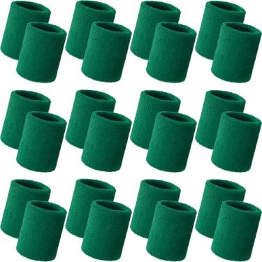 Imagem de Bememo 24 pulseiras de pulso esportivas a granel para homens e mulheres pulseiras de tênis atléticas respiráveis de algodão absorvente elástico felpudo para basquete, beisebol, academia, malhar (verde