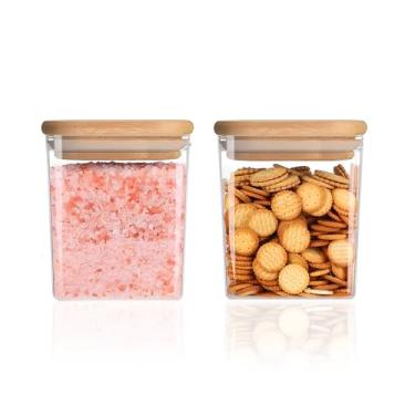 Imagem de ioiohahaun Recipientes Quadrados De Armazenamento Com Tampas, Recipiente Transparente Para Alimentos, Vedação Jarras, Tampa Bambu Macarrão, Farinha, Cereal, Arroz, Açúcar, Chá, Café Em Grãos