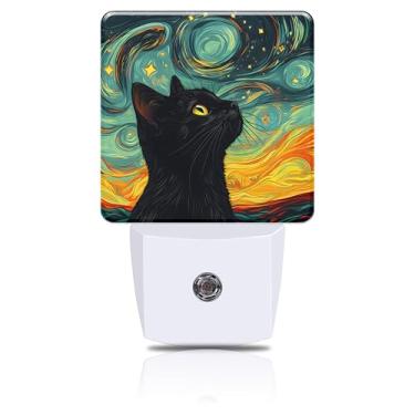 Imagem de FOISIIAEA Luz Noturna Estrelada Com Gato Preto Observando Estrelas, Luzes Que Se Conectam À Parede, Sensor Inteligente De Anoitecer Ao Amanhecer, Lâmpada Led 0,5 W Eficiência Energética Para Homens,
