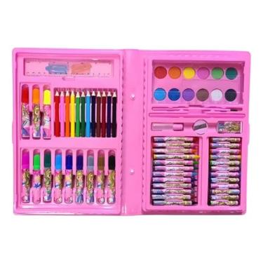 Imagem de Estojo Maleta Infantil com 68 Peças, Kit de Arte com Canetinhas, Lápis de Cor, Giz de Cera, Aquarela, 24 Cores, Rosa