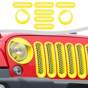 Imagem de SQQP Inserção De Grade Malha + Acabamento Para Farol E Luz Seta Estilo Angry Birds, Compatível Com Jeep Wrangler Jk Jku 2007-2018 (Amarelo)