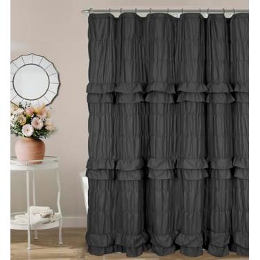 Imagem de YINFUNG Cortina de chuveiro preta com babados, cortinas de banheiro vintage chiques vitorianas feitas à mão boho casa de fazenda feminina francesa decoração de renda 182 x 182 cm