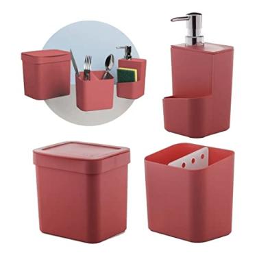 Imagem de Kit Escorredor De Talheres Porta Detergente Lixeira Cozinha Vermelho