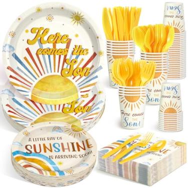 Imagem de Dandat 350 peças de decoração de chá de bebê caubói conjunto de pratos e guardanapos para meninos e meninas do oeste selvagem rodeio lembrancinhas de festa de aniversário (filho, amarelo)