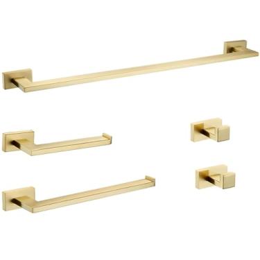 Imagem de Acessórios para banheiro em aço inoxidável dourado escovado - Suporte redondo para papel higiênico, ganchos para toalhas, conjunto com 5 peças dourado