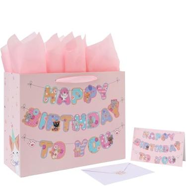 Imagem de Conjunto de sacolas de presente de feliz aniversário de gato grande de 33 cm com alças, cartão comemorativo, papel de seda rosa e adesivos para meninas, crianças, adolescentes, mulheres, design de