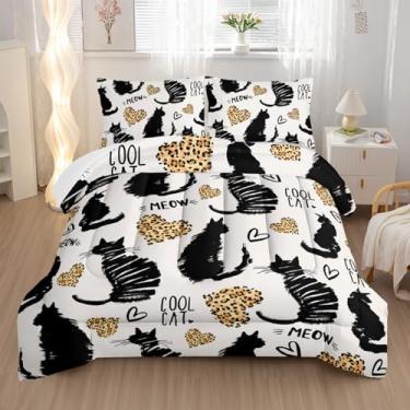 Imagem de Nttopship Jogo de cama Queen com desenho animado de gato fofo, preto, 3 peças, para decoração de quarto de adolescentes, meninos, meninas, adultos, 2 fronhas