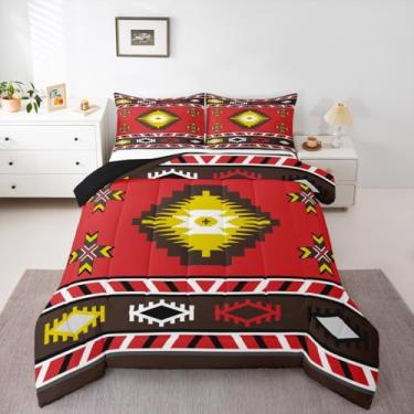 Imagem de Erosebridal Jogo de cama queen geométrico sudoeste para mulheres, sudoeste, nativo, asteca, tribal, edredom com estampa étnica boêmia oriental, conjunto de cama para decoração de quarto ocidental