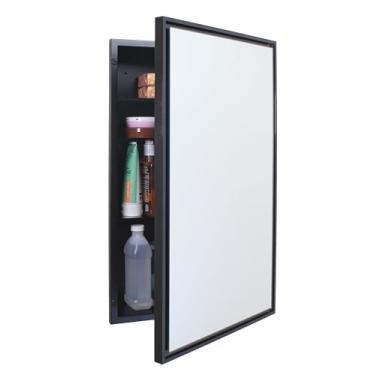 Imagem de Armário de remédios de banheiro embutido retangular Parker Metro Metro 16 x 66 cm, espelho flutuante, abertura de parede de 35,5 x 61 cm, aço revestido com pó, prateleiras de vidro ajustáveis, fecho