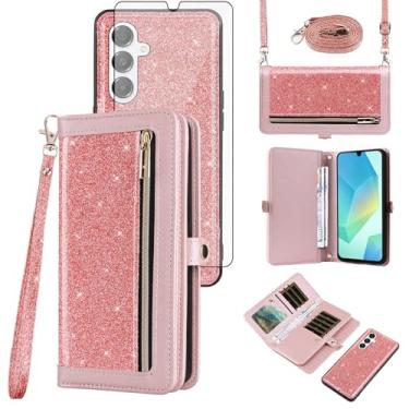 Imagem de Asuwish Capa de celular para Samsung Galaxy A16 5G/4G carteira com zíper capa celular com protetor de tela de vidro temperado alça transversal alça brilhante flip porta-cartão slot A 16 16A SM-A166U