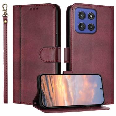 Imagem de JanCalm Capa carteira para Moto G Stylus 2025, compartimentos para dinheiro, alça de pulso, capa de design minimalista, proteção de couro PU premium, capas com suporte (vinho vermelho)
