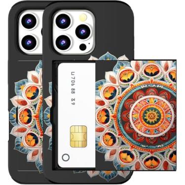 Imagem de MUQR Capa compatível com iPhone 16 Pro Max com suporte de cartão fofo - Design Kawaii, proteção contra quedas de nível militar, capa carteira robusta para mulheres (mandala preta intrincada)