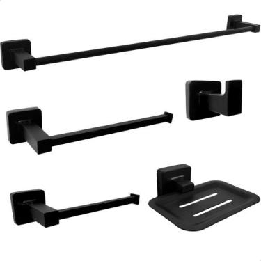 Imagem de Kit Acessorios Preto Fosco 5 Peças Suporte Banheiro Quadrado Toalheiro