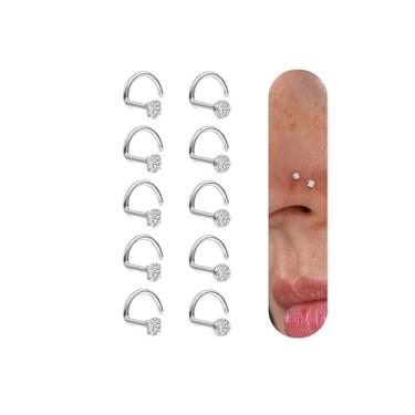 Imagem de UBGICIG Anéis de nariz 20G para mulheres – Aço cirúrgico 316 em forma de L, parafuso de cortiça, piercing de narina, joia 1,5/2/3 mm CZ, 10Pcs-LShape-1.5mm CZ, Aço inoxidável, Zircônia cúbica