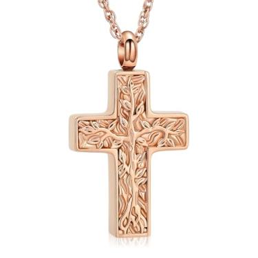 Imagem de shajwo Colar de urna de cremação com cruz árvore da vida para cinzas para mulheres e homens, pingente de cinzas humanas, Aço inoxidável, Sem Pedra Preciosa