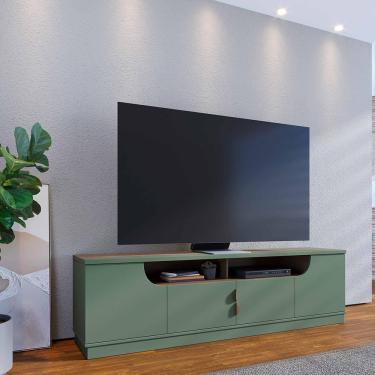 Imagem de Rack Bancada para TV até 75” Santorini 2.0 4 Portas 2 Nichos Tampo 25mm Puxador Dourado Fosco