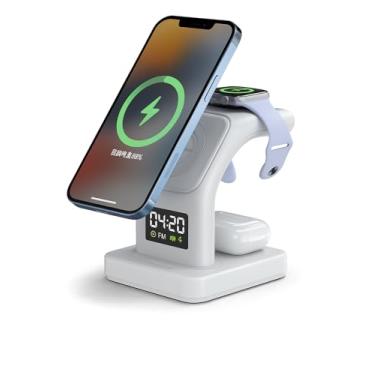 Imagem de Base de Carregamento Carregador Mag-Safe 5 em 1, Carregador Indução sem Fio com Luz Noturna, Compatível com iPhone, Apple Watch e AirPods, Branco
