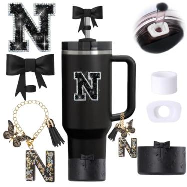 Imagem de Conjunto de 6 peças de acessórios para copos Stanley Pretos, Topper de canudo com laço para Stanley Cup 850 g 1,134 g, incluindo cobertura de palha e bota de silicone com laço, tampas à prova de