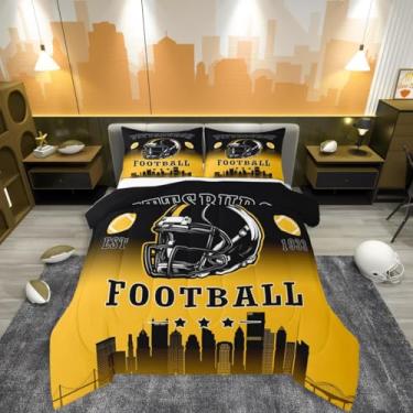 Imagem de Erosebridal Jogo de cama solteiro de futebol americano para crianças, meninos, adolescentes e adultos, jogo de cama esportivo de rúgbi, futebol, cidade, jogos competitivos, preto e amarelo, enchimento