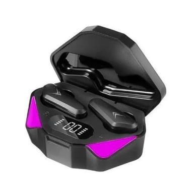 Imagem de Fones de Ouvido Bluetooth Sem Fio, Estojo de Carregamento com LED, Design Geométrico Preto e Rosa