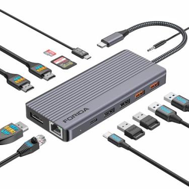 Imagem de Estação de ancoragem com monitores triplos, base USB C 13 em 1 com HDMI duplo 4K @60HZ, DisplayPort, 100W PD, 3 portas USB 3.2, Ethernet, leitor de cartão SD TF, áudio, porta de dados USB C para