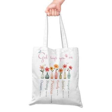 Imagem de Grace Yonks Bolsa de lona God Says You Are Cute – Sacola Bíblica para Mulheres com Escrituras e Flores – Presente Cristão para Igreja, Bíblia ou Devocionais, 16x14 polegadas (037)