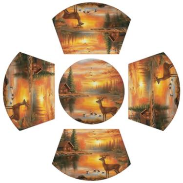 Imagem de Conjunto de 5 jogos americanos de mesa redonda com tapete redondo de mesa central, paisagem de cervo de outono resistente ao calor tapete de mesa de PVC antiderrapante para cozinha, mesa de jantar