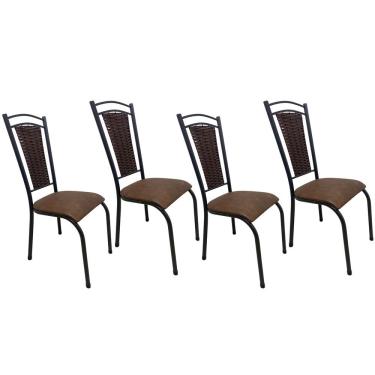Imagem de Kit 4 Cadeira Paris De Cozinha Tubular Preto Aço Estofada Encosto Junco Marrom