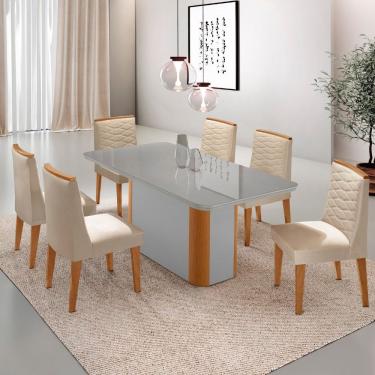 Imagem de Mesa De Jantar Isadora 180cm Tampo Mdf Vidro Com 6 Cadeiras Veludo Creme Off White Naturale Serigrafia