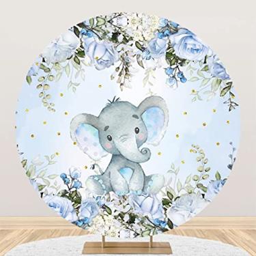 Imagem de Yeele 2,2 x 2,2 m, elefante azul, chá de bebê, pano de fundo redondo, azul, floral, dourado, bolinhas, elefante, fotografia, fundo para chá de bebê recém-nascido, meninos, artigos de festa de