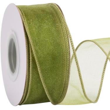 Imagem de Zofrud Fita com fio de organza musgo de 3,5 cm – Fita transparente de 20 metros com borda metálica para embrulho de presente, laços, arranjos florais, artesanato e decorações de casamento