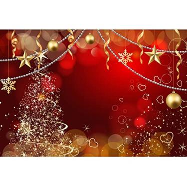 Imagem de DORCEV Pano de fundo de Natal de 3 x 2 m para fotografia, Feliz Natal, Feliz Ano Novo, faixa vermelha borrada bokeh dourada, flocos de neve, decoração de árvore de Natal, papel de parede de festa de