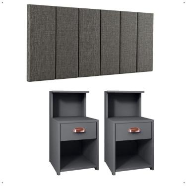 Imagem de Kit 2 Mesas Gaveta Nicho Prateleira Retrô Cléo Cabeceira Estofada Júlia Linho Cama King Size 1,95 Cinza Quarto - RPM