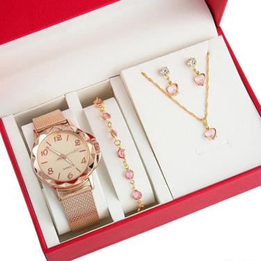 Imagem de Relógio Feminino+ Kit Colar Brincos Pulseira Folheado A Ouro