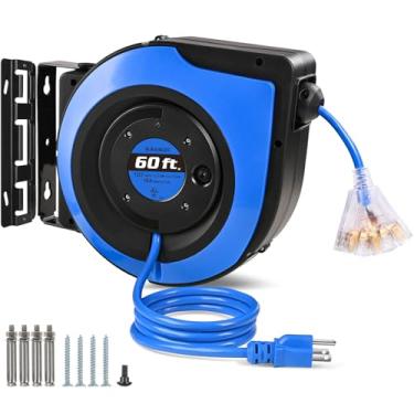 Imagem de SURAIELEC Carretel de cabo de extensão retrátil de calibre 12, 12 AWG/3C SJTOW, cabo de alimentação resistente, 3 saídas de torneira tripla, disjuntor de 15 AMP, suporte de teto/parede, listado pela